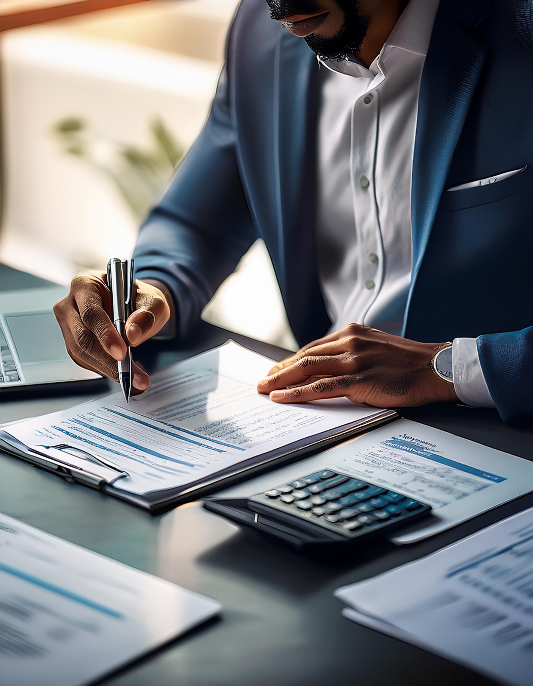 Steuerberater bei der Arbeit in einem modernen Büro, lächelnd und im Gespräch mit einem Kunden.