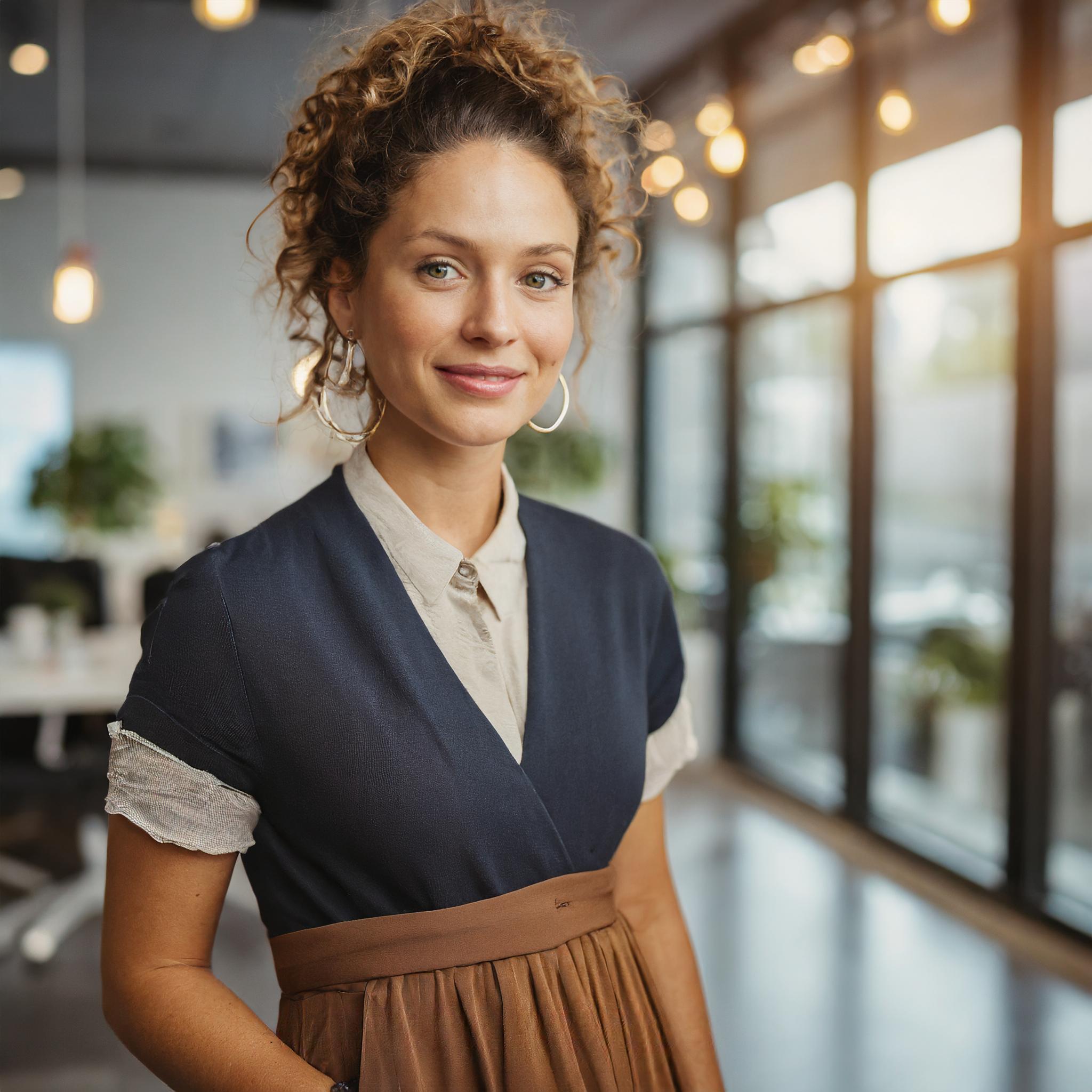 Frau mittleren Alters, professionell und zugänglich, im Business-Outfit